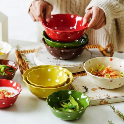 Colorful ceramic bowls for ramen, soup, and salad