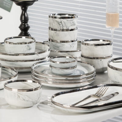 Nordic marble glaze gold rim dinnerware sets wholesale