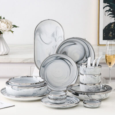Nordic marble glaze gold rim dinnerware sets wholesale