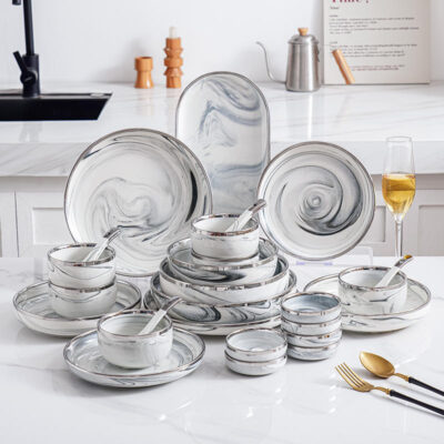 Nordic marble glaze gold rim dinnerware sets wholesale