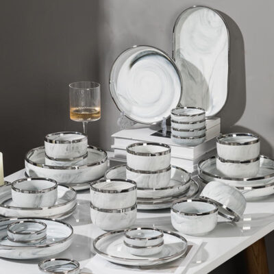 Nordic marble glaze gold rim dinnerware sets wholesale