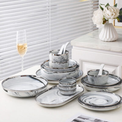 Nordic marble glaze gold rim dinnerware sets wholesale