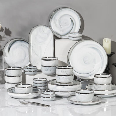 Nordic marble glaze gold rim dinnerware sets wholesale