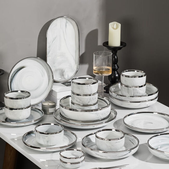 Nordic marble glaze gold rim dinnerware sets wholesale