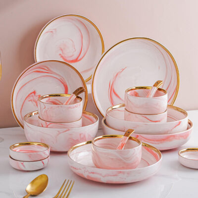 Pink marble gold rim dinnerware sets wholesale