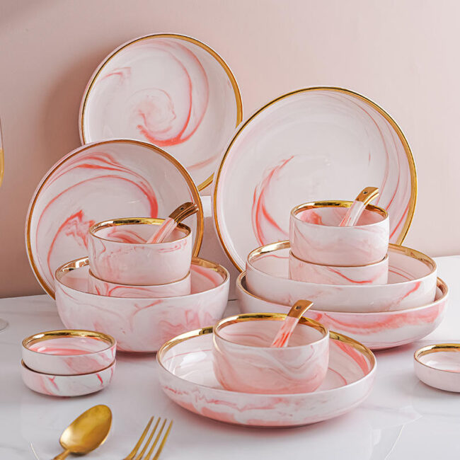 Pink Marble Gold Rim Dinnerware Sets Wholesale (1) Pink marble gold rim dinnerware sets wholesale