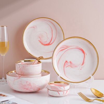 Pink marble gold rim dinnerware sets wholesale