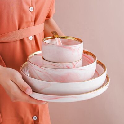 Pink marble gold rim dinnerware sets wholesale