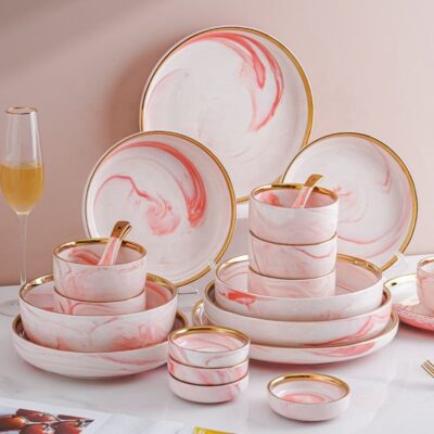 Pink marble gold rim dinnerware sets wholesale