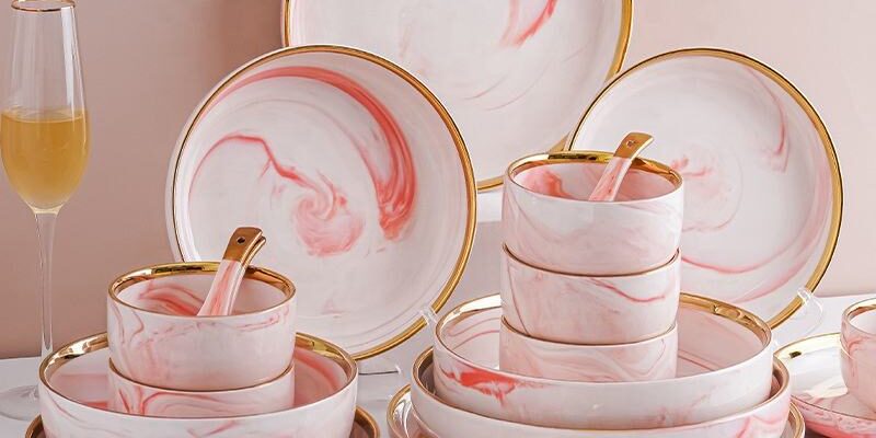 Pink marble gold rim dinnerware sets wholesale