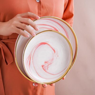 Pink marble gold rim dinnerware sets wholesale
