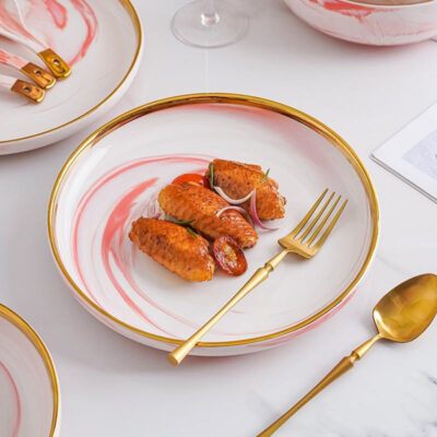 Pink marble gold rim dinnerware sets wholesale