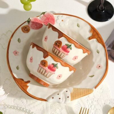 Cartoon strawberry underglaze ceramic dinnerware sets for home use