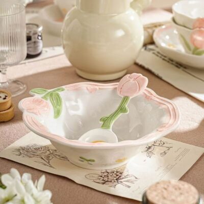 Floral embossed ceramic dinnerware sets for home dining