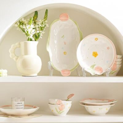 Floral embossed ceramic dinnerware sets for home dining