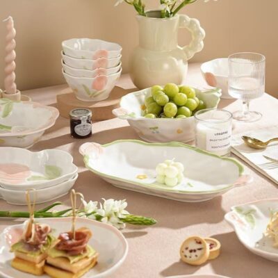 Floral embossed ceramic dinnerware sets for home dining