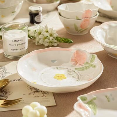 Floral embossed ceramic dinnerware sets for home dining