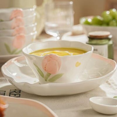 Floral embossed ceramic dinnerware sets for home dining