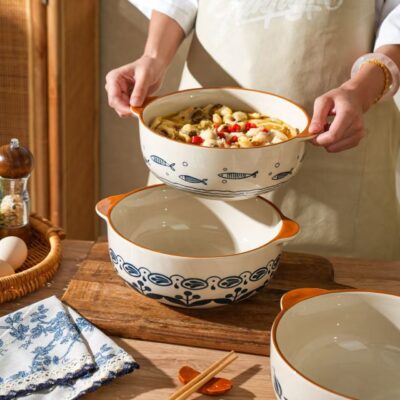 Large dual-handle ceramic bowls dinnerware set
