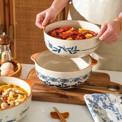 Large dual-handle ceramic bowls dinnerware set