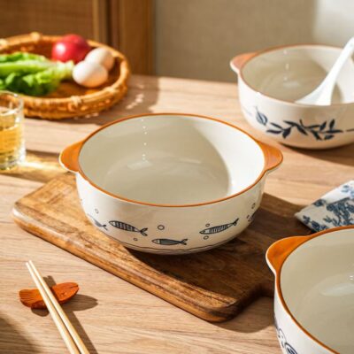 Large dual-handle ceramic bowls dinnerware set