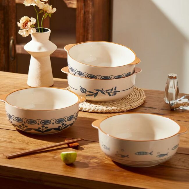 Large dual-handle ceramic bowls dinnerware set