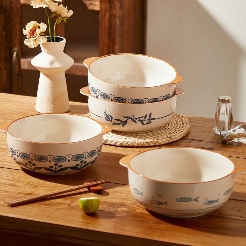 Large dual-handle ceramic bowls dinnerware set