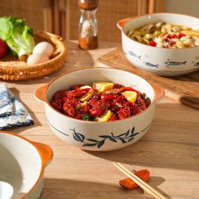 Large dual-handle ceramic bowls dinnerware set