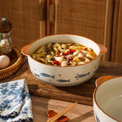 Large dual-handle ceramic bowls dinnerware set