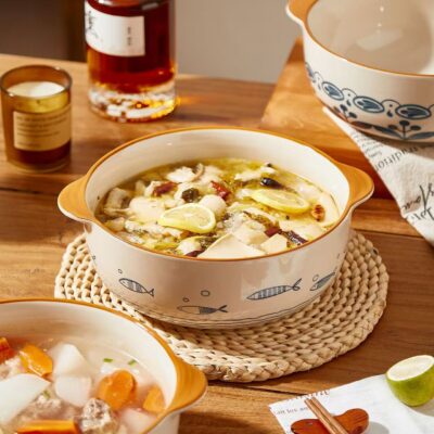 Large dual-handle ceramic bowls dinnerware set