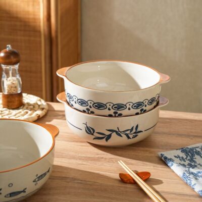 Large dual-handle ceramic bowls dinnerware set