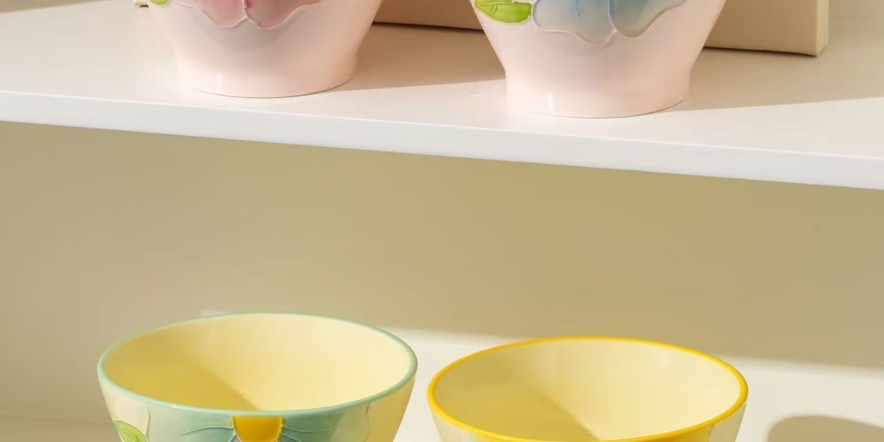 Hand-painted embossed ceramic bowls dinnerware set