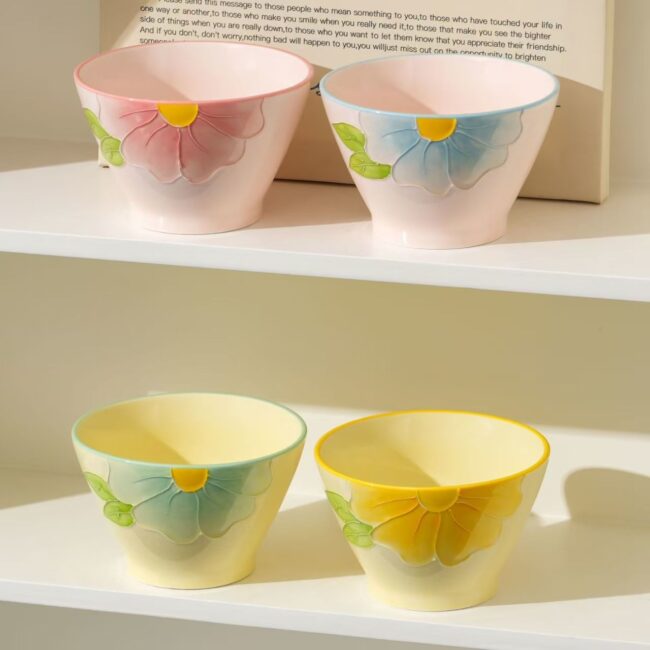 Hand-painted embossed ceramic bowls dinnerware set