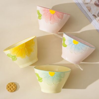Hand-painted embossed ceramic bowls dinnerware set